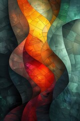 Abstract stained glass composition with flowing wave patterns in vibrant red, orange, and green hues, perfect for artistic background use.