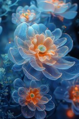 Fototapeta premium Beautiful translucent flowers with delicate petals glowing in shades of blue and orange, creating an ethereal and mesmerizing visual effect.