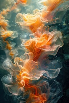 Abstract underwater shot. Vivid orange and white ink swirling in water, creating ethereal, dream-like patterns against a dark backdrop.
