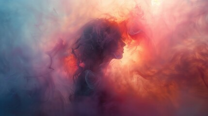 Ethereal silhouette of a person in colorful abstract clouds, blending hues of purple, red, and blue creating a dreamy artistic effect.