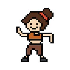 Obraz premium Cute pixel cartoon 8bit character woman exercises training dance lifestyle music decoration life style 8 bit female girl dance with music game fitness isolated PNG vector.