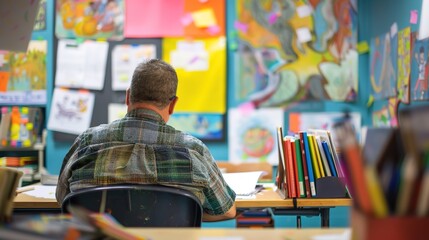 Diligent Teacher Crafting Engaging Lesson Plans Surrounded by Books in Vibrant Classroom Setting