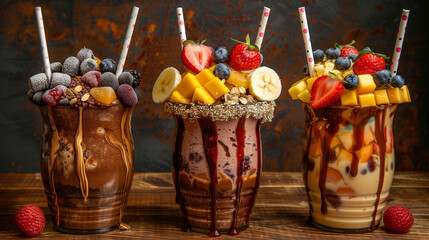 glasses of various smoothies with straws for healthy dieting breakfast. Vibrant smoothie bowls adorned with assorted toppings. Assorted fruits prepared for smoothie, healthy for our organism. 
