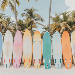 Colorful surfboards standing on a beautiful beach in summer time