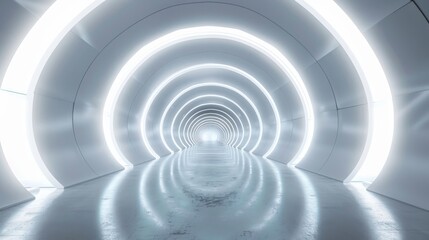 Obraz premium Futuristic white tunnel with glowing LED lights along the walls, creating a sense of depth and infinite perspective, emphasizing modern technology and design