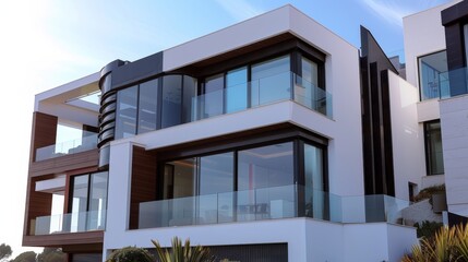 Modern two-story house with large glass windows, clean lines, and a minimalist design, set against a clear blue sky, emphasizing contemporary architecture