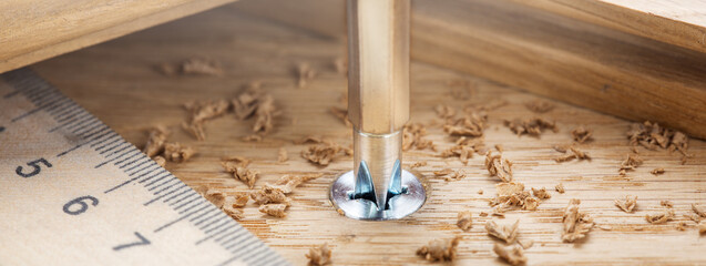 screwdriver screw in a wood oaks plank