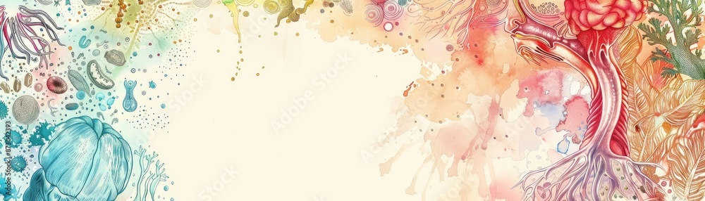 Poster Abstract watercolor background with vibrant colors, organic shapes, and empty space in the center for text or design elements.