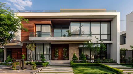 Modern Two-Storey House with Light White and Dark Bronze Facade