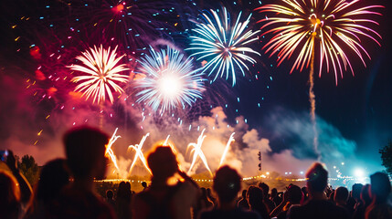 Obraz premium celebration festival crowd enjoying a firework display at nigh