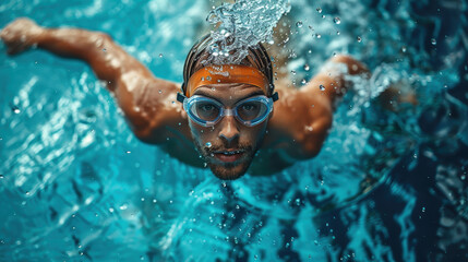 Fototapeta premium A man is swimming underwater. He is wearing a swim cap and goggles. 