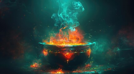 Mystical cauldron with fiery and smoky effects, glowing in the darkness, creating an enchanting and magical atmosphere.