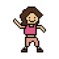 Obraz premium Cute pixel cartoon 8bit character woman exercises training dance lifestyle music decoration life style 8 bit female girl dance with music game fitness isolated PNG vector.