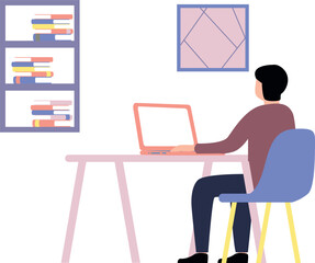 The boy is working on the laptop.