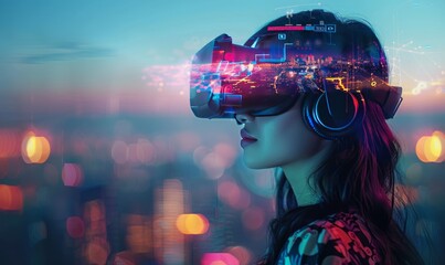 girl wearing virtual reality goggles and exploring cyberspace while standing against blurred cityscape