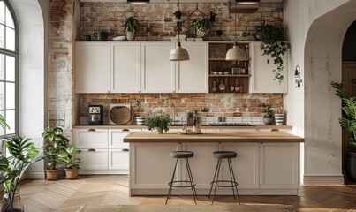 In a family house, a luxurious modern kitchen including white cabinets and a wooden countertop
