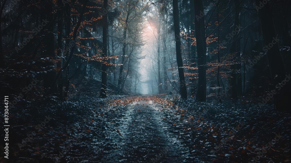 Poster Mystical forest path shrouded in fog and soft light, leading through tall trees with fallen leaves, creating a serene and enchanting atmosphere.