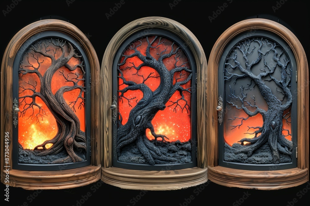 Wall mural Three Wooden Cabinets With Arched Doors and Carved Tree Designs