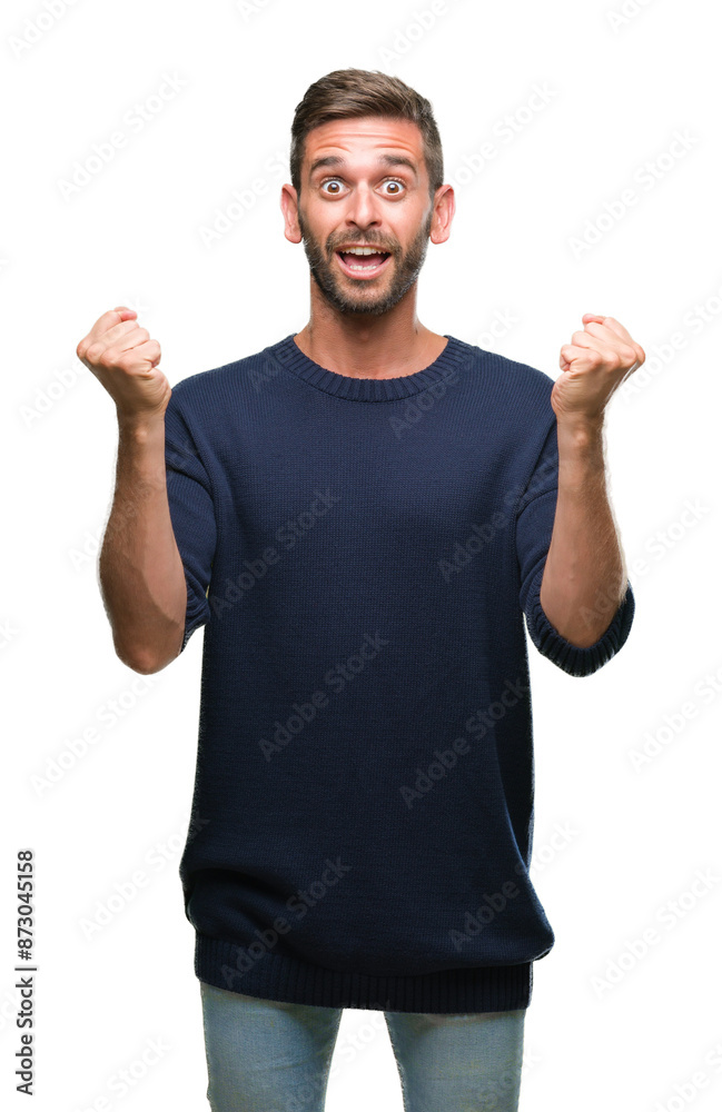 Canvas Prints Young handsome man wearing winter sweater over isolated background celebrating surprised and amazed for success with arms raised and open eyes. Winner concept.