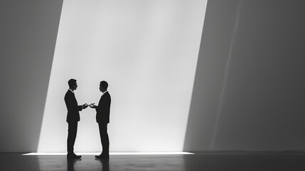 Silhouettes of two businessmen debating against a plain background.