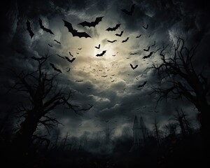 Spooky moon in cloudy sky with bats Halloween night