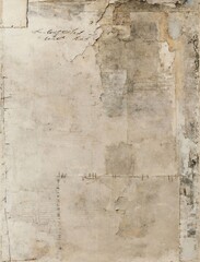 An unprimed canvas with pieces of script and collaged aged papers painted in muted light beige and ivory colors. Delicate minimalistic watercolors and thin black line sketches