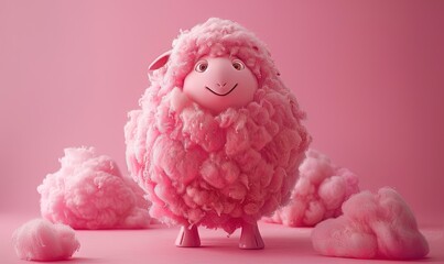 Pink-green cartoon sheep, made of candyfloss material, with a joyful expression.