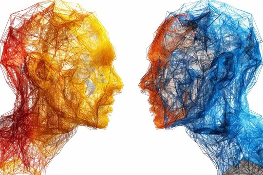 Digital art of two heads facing each other with vibrant colors, abstract representation of connection and dialogue