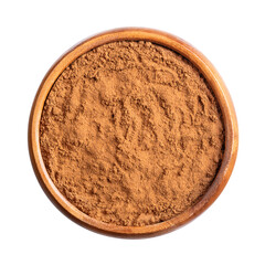 Cassia cinnamon powder in a wooden bowl. Ground raw bark of Chinese cinnamon, also known as Chinese cassia, Cinnamomum cassia. Used as aromatic condiment and flavouring additive in a wide variety.