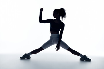 A young woman with a ponytail stretches her leg out in a studio with a white backdrop.