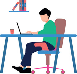 The boy is working on the laptop.