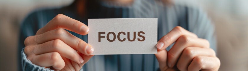 Close-up of hands holding a card with the word 'FOCUS' written on it, symbolizing concentration and mindfulness.