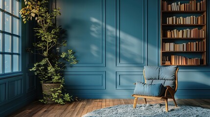Blue Living Room Interior Design with a Comfortable Chair