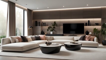 Minimalist living room interior design, TV room home decor interior design, drawing room light brown theme 
