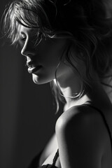 Fototapeta premium A woman with long hair and a black top is standing in front of a wall. The image is in black and white and has a moody, dramatic feel to it