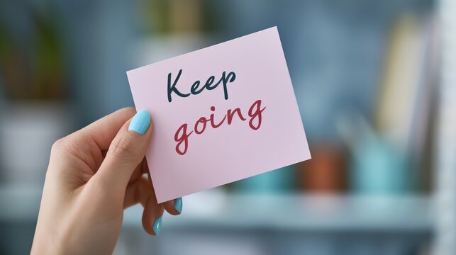 Hand holding a motivational card with the message 'Keep going' against a blurred background, encouraging perseverance and determination.