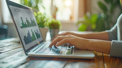 Person using a laptop computer to analyze financial data with charts and graphs in a modern home office environment.