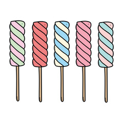 Hand drawn cartoon set of colored marshmallows candies on white background. Concept sweet and junk food.