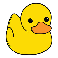 Hand drawn cartoon rubber duck on white background. Concept toy, childhood, bathing.