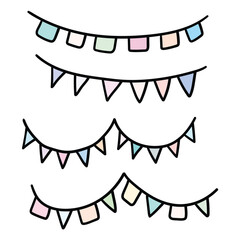 Hand drawn cartoon set of colorful garlands on a white background. Concept anniversary, birthday, holidays.