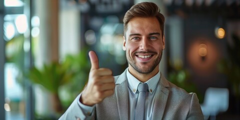 Obraz premium Confident Smiling Businessman Showing Thumbs Up Gesture in Office