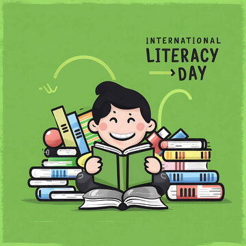 Celebrate, International Literacy Day, with a joyful cartoon character surrounded by a vibrant array of books, International Literacy Day Poster, Banner, Literacy Day, Poster,
