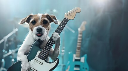 Adorable dog playing electric guitar, creating a fun and musical vibe. Perfect for entertainment and music-themed projects.