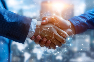 Close-up of two business people shaking hands with a digital network overlay, symbolizing modern partnerships and connections.