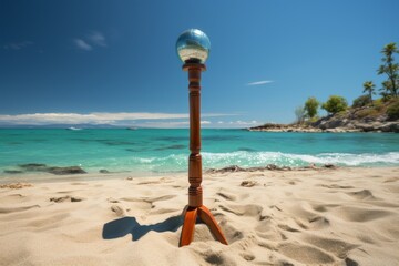 Wooden Stand with Mirrored Ball on a Tropical Beach