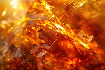 Close up view of a beautiful golden citrine crystal formation with warm sunlight shining through