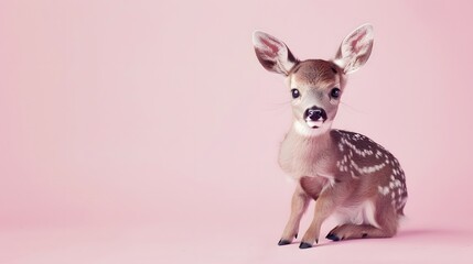 Cute baby deer fawn sitting on pink background.