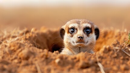 A baby gazelle is peeking out of a hole in the ground. The scene is peaceful and serene, with the gazelle looking curious and alert