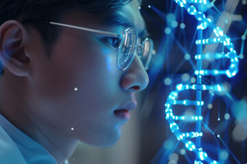 Scientist wearing a lab coat and glasses is researching a holographic projection of a dna structure, representing advancements in genetic engineering