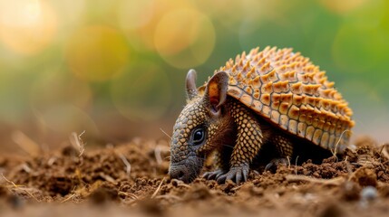 Fototapeta premium A small brown and orange tortoise is eating in the dirt. The tortoise has a hard shell and is looking up at the camera